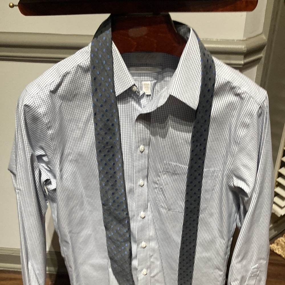 Men’s Gold Slim cotton blue white grid 16 1/2 33 dress shirt tie sold separately